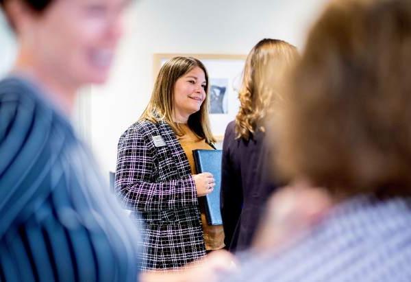 Kate Harmon, GVSU acting assistant vice president for Student Affairs, prepares to give remarks during an open house celebration for the GVSU Campus Health Center in Allendale. 