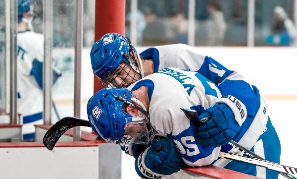 A hockey player in blue consoles his teammate after losing the game. 